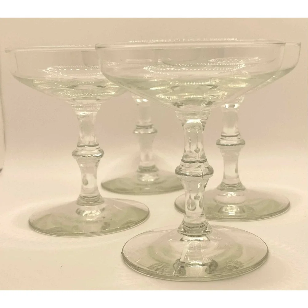 Vintage Clear Glass Champagne Coupe Cocktail Glasses Knop Stem Set of 4‎